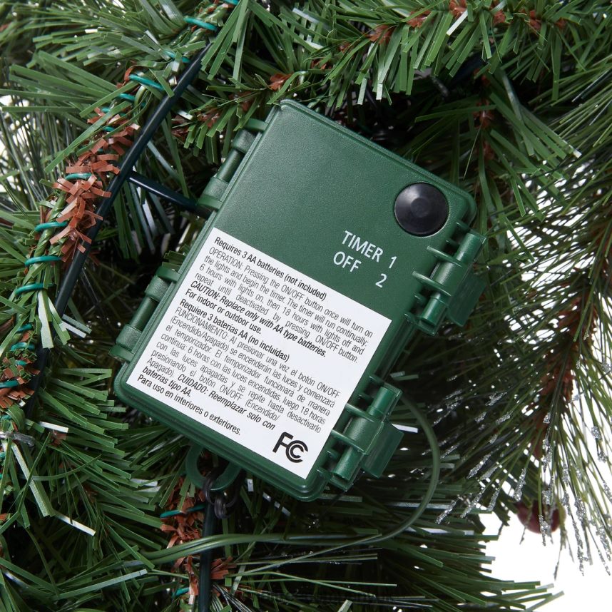 Greenery | National Tree Company Pre-Lit Artificial Christmas Wreath Green Crestwood Spruce White Lights Decorated with Pine Cones Berry Clusters Frosted Branches Christmas Collection 24 Inche